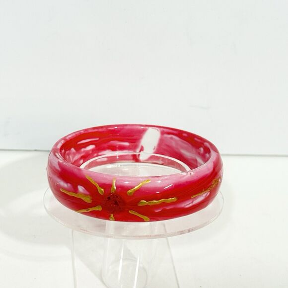 Pink Swirl Resin Bangle Bracelet Gold Hand Painted Sun Design Retro Boho Style - Picture 12 of 14